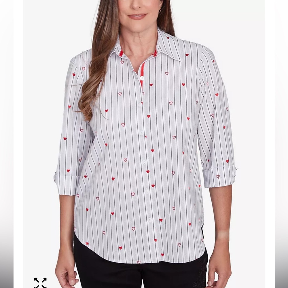 Alfred Dunner Stripes Hearts Button Down Top